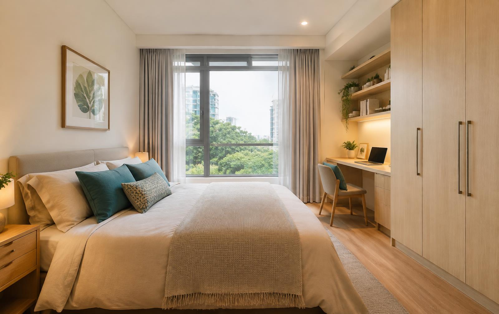 Bright, fully furnished bedroom with a bed, study desk and wardrobe